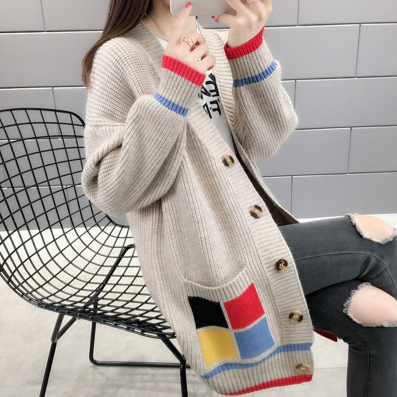 New Thickened Contrast Color Pocket Knitted Cardigan Women's 2024 Korean Style Autumn and Winter Loose Women's Outer Sweater Jacket Trendy