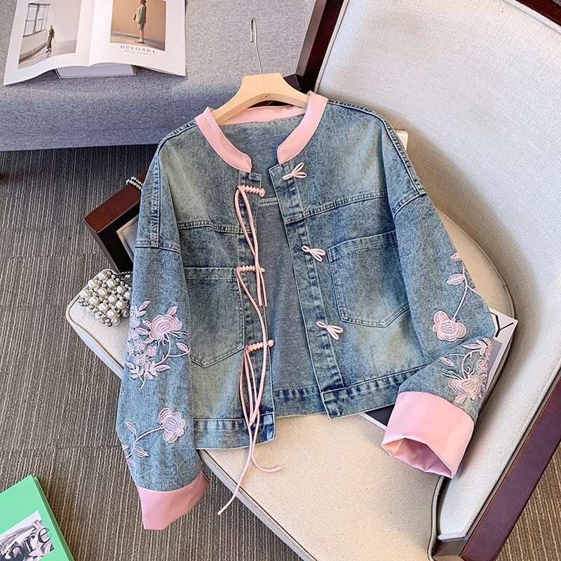 Denim Jacket Large Size Short Fashionable Autum Loose Women's Top Heavy Embroidered Denim Short Outwear A2955