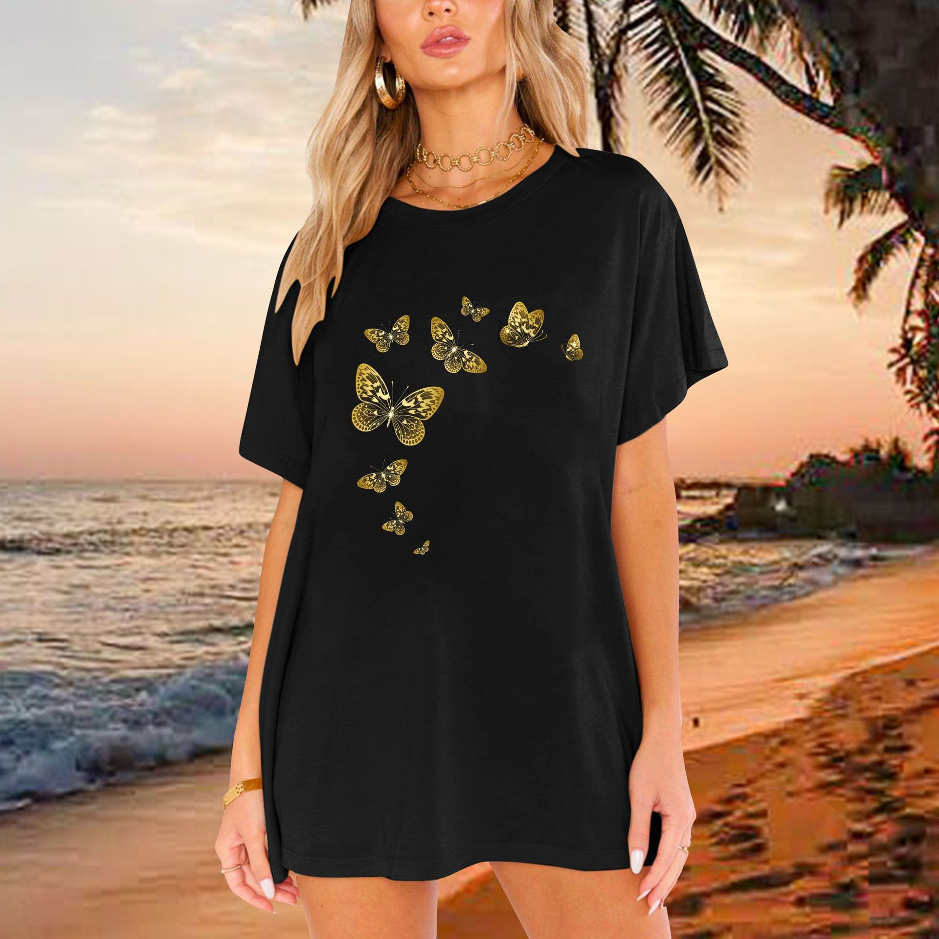 202 Cross-border Spring New shirt Shoulder Dancing Butterfly T-shirt Loose Pattern Women's T-shirt