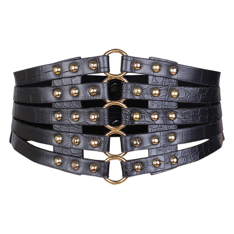 European and American fashion retro hollow rivet elastic wide waist seal women's all-match down jacket decorative skirt ring belt