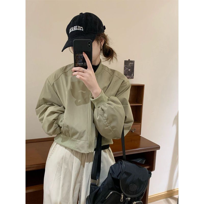 Loose and Taller Short Handsome Baseball Uniform for Women Autum New Lantern Sleeve Round Neck Casual Small Jacket K-Style