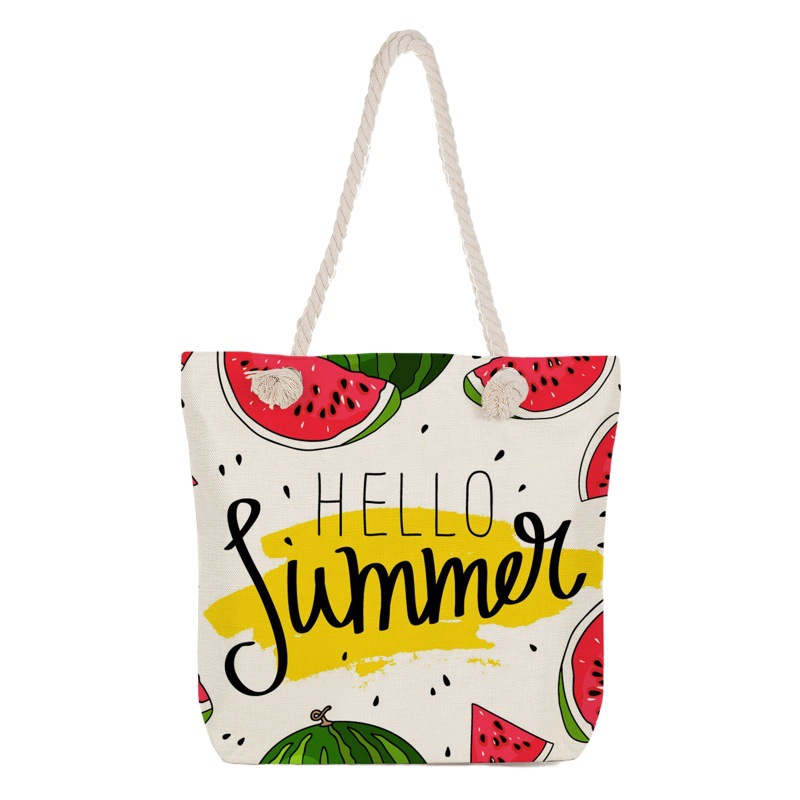 Summer Fruit Print Women's Large Capacity Zipper Shoulder Handbag Watermelon Strawberry Travel Storage Beach Bag