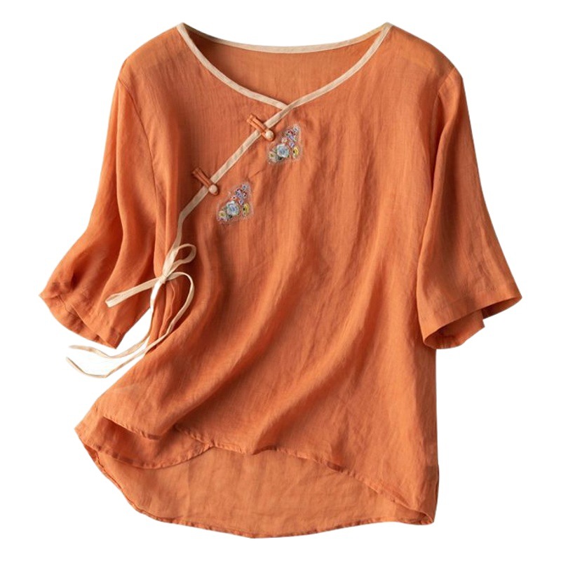 Ethnic Style Slant Placket Button Embroidered Short-sleeved Cotton and Linen Top Women's 2024 Summer New Style plus size Loose Shirt Trend