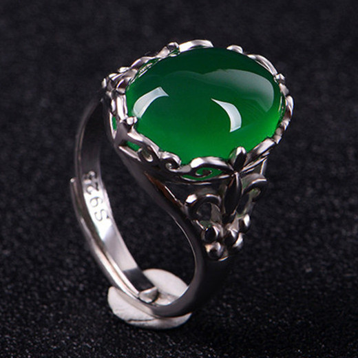 Zhenrong Green Agate Crystal Ring Women's Emerald Gem Vintage Set with Chalcedony Index Finger Opening Adjustable Ring