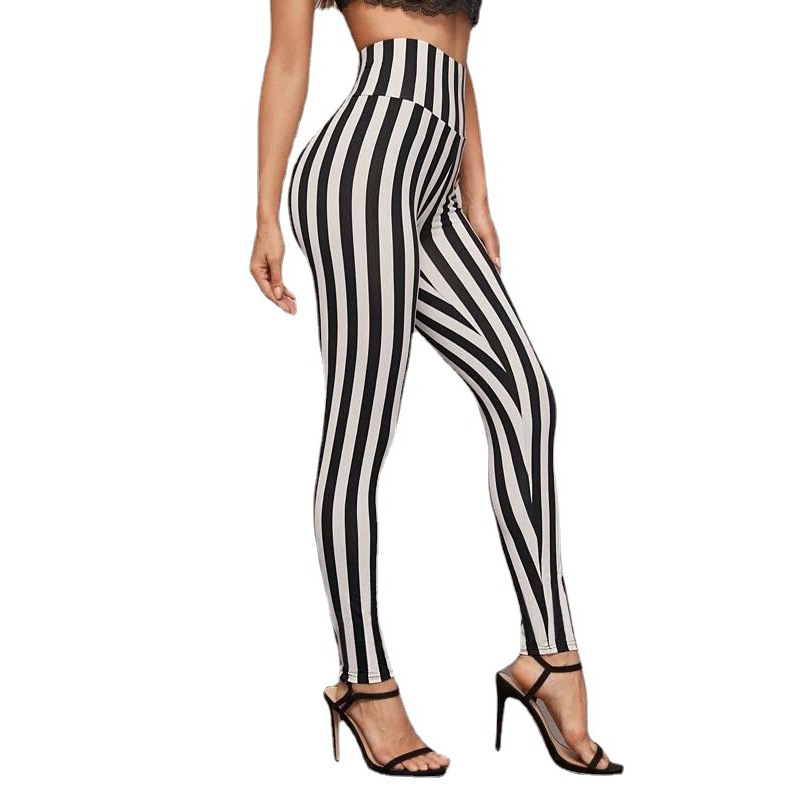Picture of Factory self-produced LAZADA black and white vertical stripes high waist leggings cropped leggings Southeast Asian supply