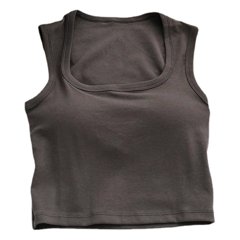 Square Collar Women's Vest with Chest Pad One-piece Fixed Cup Outer Wear Inner Wear Solid Color High School Girl's Wide Shoulder Strap Underwear