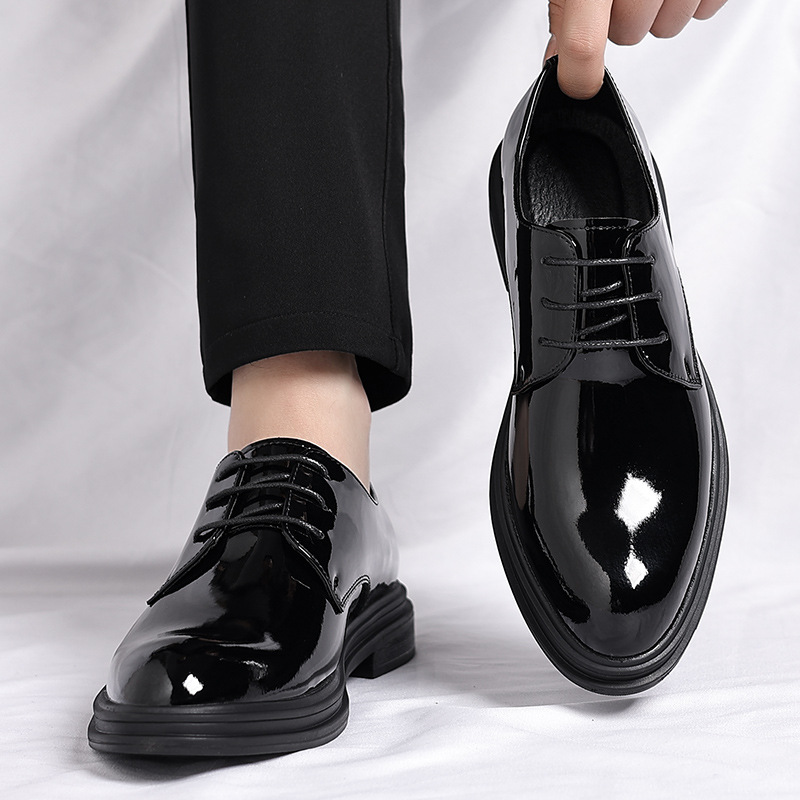 Inner Height Increasing Leather Shoes Men's 2025 New Bright Face Business Dress Bright Leather Height Increasing 8cm Shoes Pointed Bridegroom Wedding Shoes
