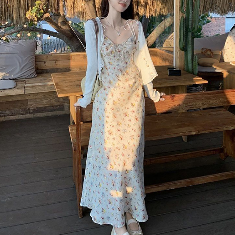 Tea Break French Drawstring Strap Dress Summer New First Love Floral Dress Waist Long Skirt Foreign Trade Trend
