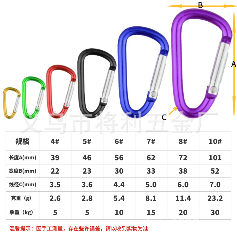 Picture of In stock wholesale 4 5 6 7 8 D type hard aluminum alloy environmental protection carabiner outdoor travel spring hook