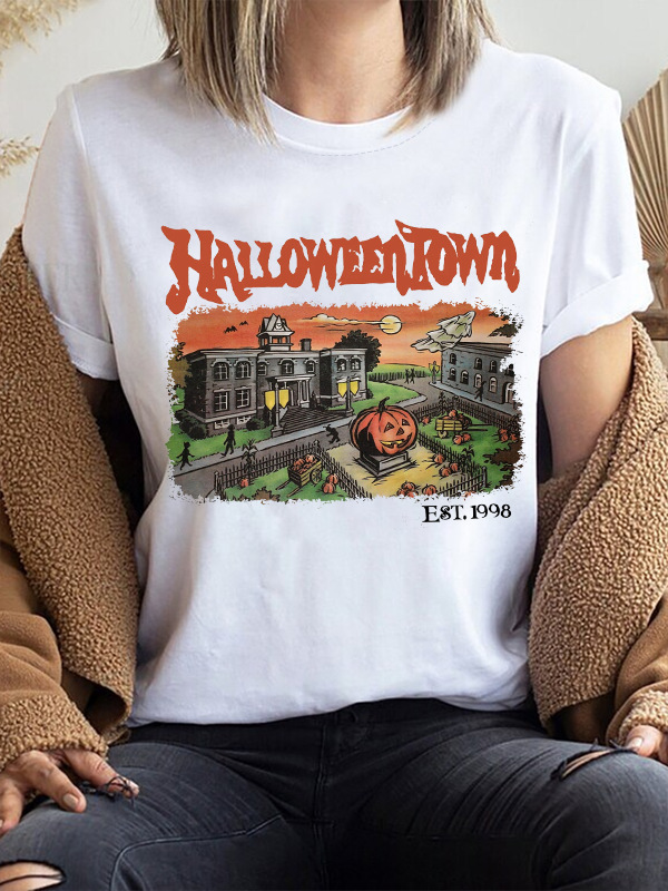 2024 new European and American cross-border Halloween Halloween town funny pattern printed crew neck T-shirt in stock