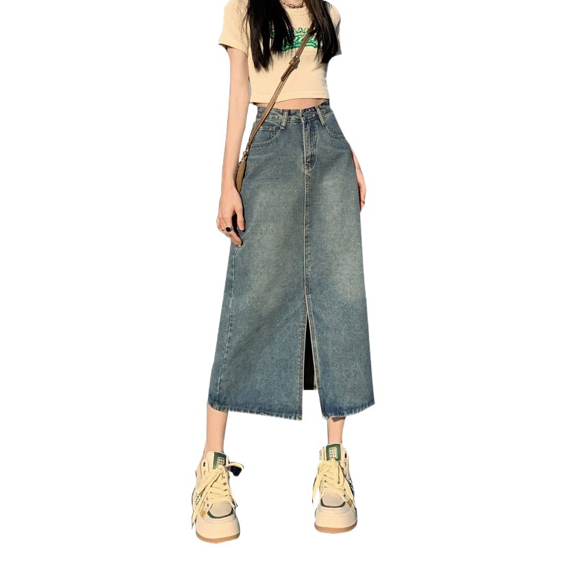 Denim skirt women's spring and autumn high waist hip skirt 2024 New retro straight loose A- line midi skirt
