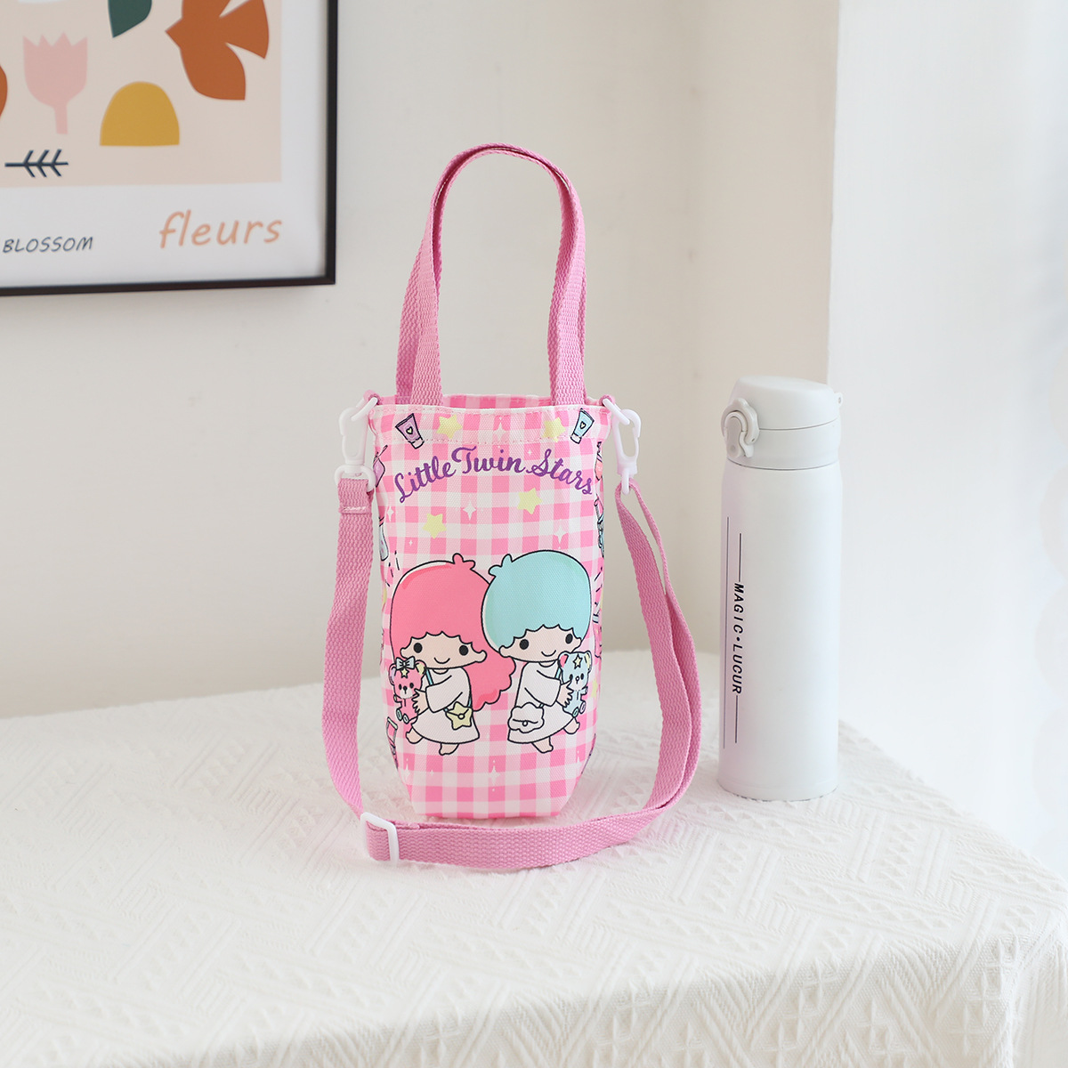 Picture of Japanese Style Cartoon Cute Canvas Water Cup Bag Crossbody Portable Dual-purpose Water Kettle Bag Outgoing Small Cloth Bag Handbag