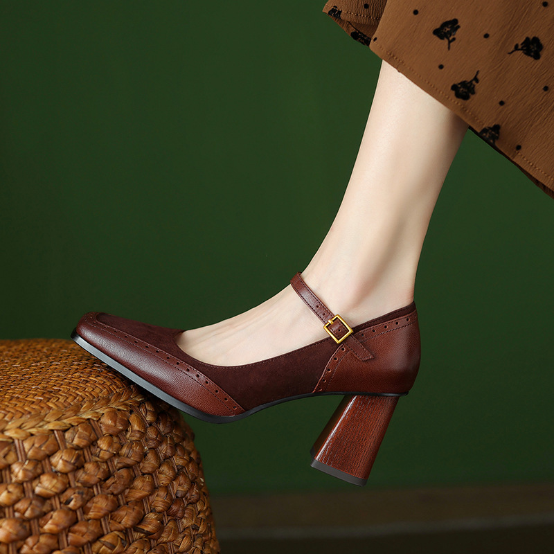 French style retro brown chunky heel buckle high heel leather square toe single-layer shoes women's shallow mouth elegant Mary Jane shoes