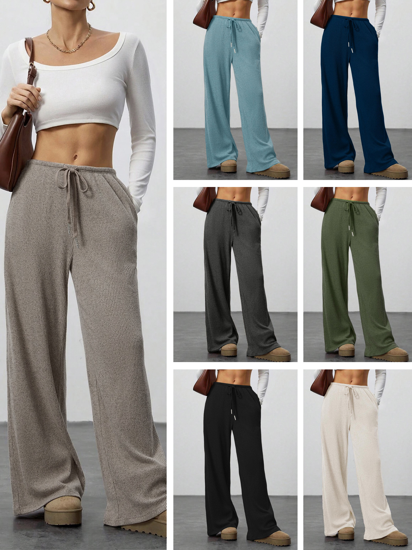 Amazon cross-border foreign trade new European and American women's solid color drape waist drawstring wide-leg slacks straight leg pants commuting