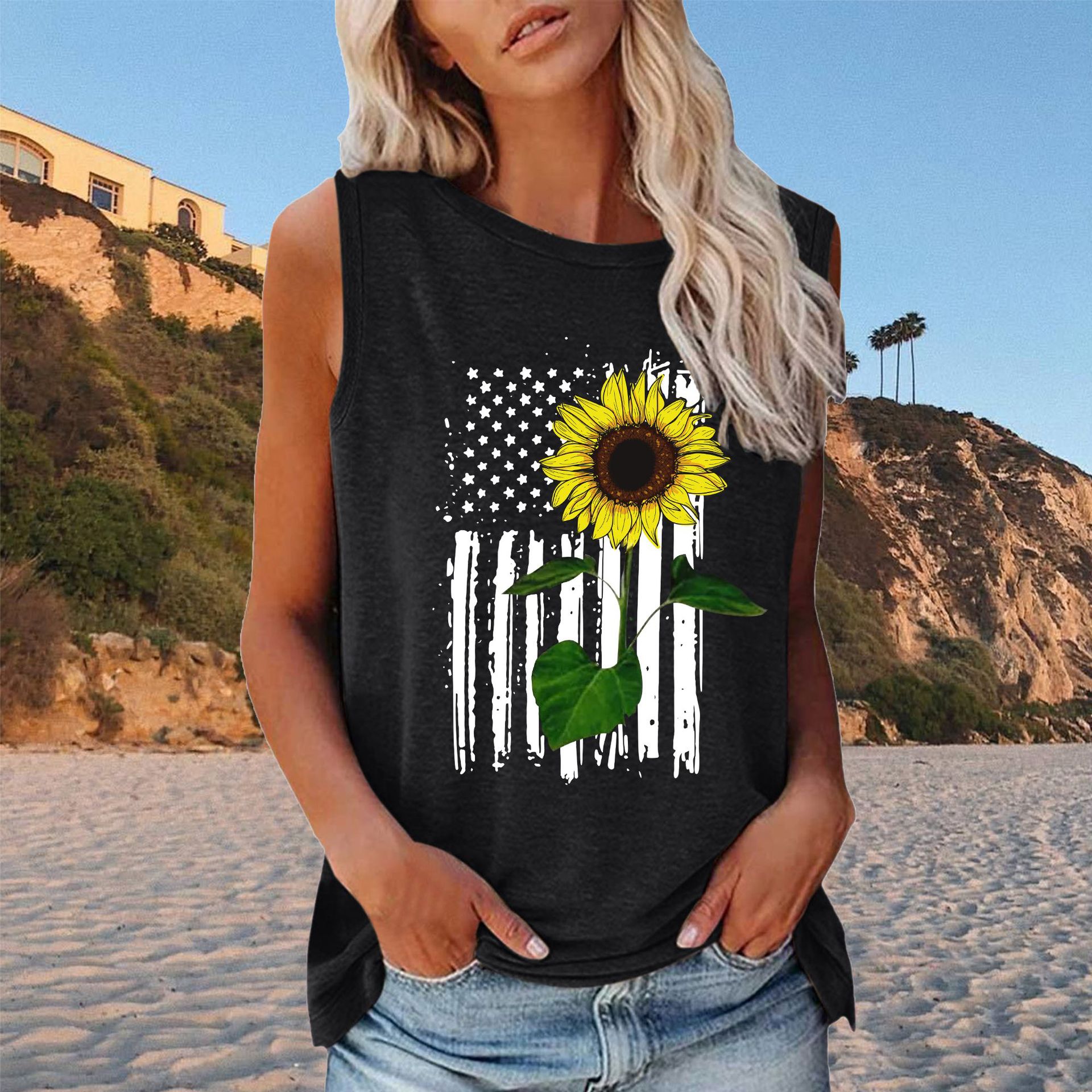 Spring and Summer AliExpress cross-border shirt independence day new sunflower pattern loose casual round neck sleeveless T-shirt