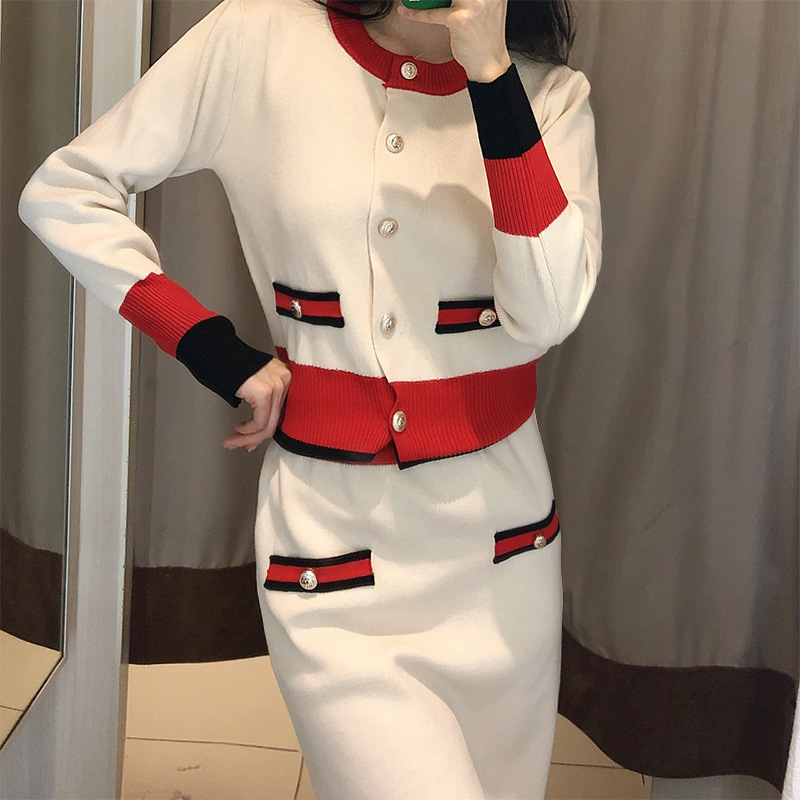 Picture of 2025 Autumn and Winter Elegant Age-Reducing Knitted Hip Skirt Suit Small Fragrant Contrast Sweater Skirt Two Pieces 7659