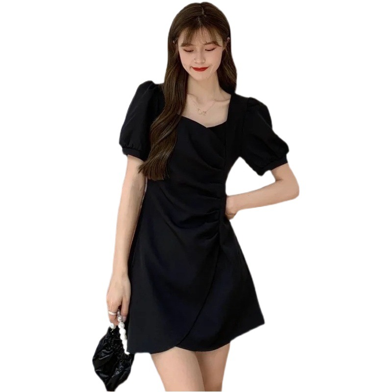 Cross-border French Clavicle Light Mature Style Skirt Women's Spring and Autumn Elegant Hepburn Style Slimming Puff Sleeve Dress with Tight Waist