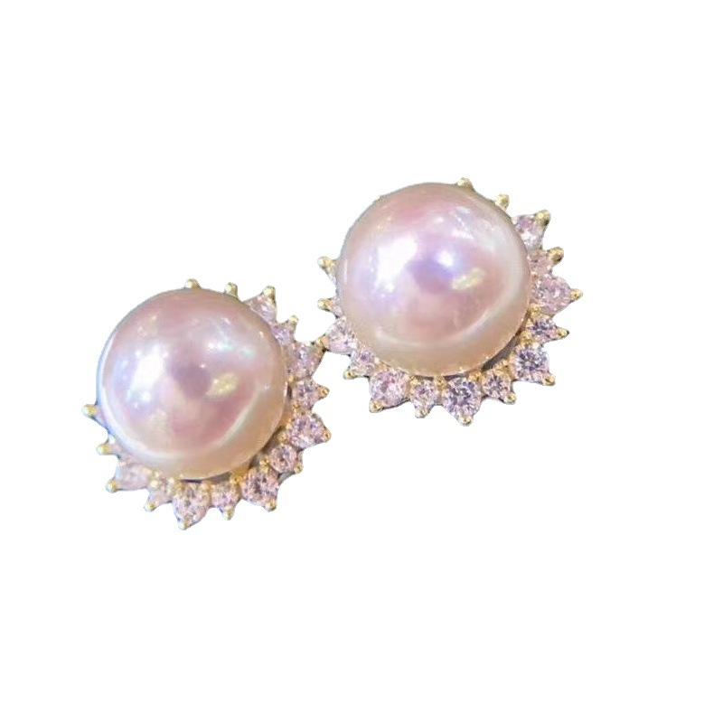 Picture of S925 Silver 7-8mm Round Pearl Earrings Good Quality Sunflower