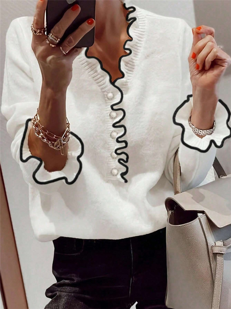 Cross-border European and American Women's 2024 Autumn and Winter Fashion Contrast Color Ear Pearl Button Long Sleeve V-neck Sweater Pullover