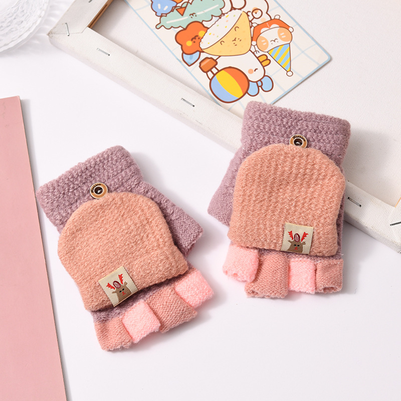 Picture of Children's flip gloves autumn and winter boys half finger warm cute Primary School students writing knitted dual-purpose gloves wholesale
