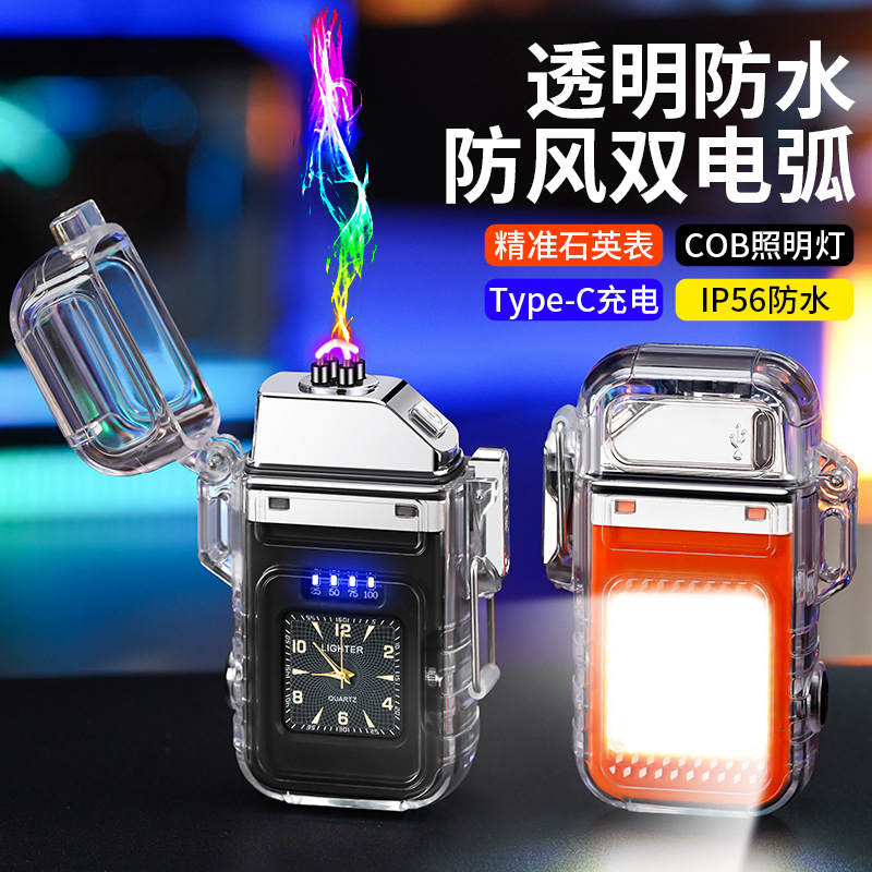 Picture of New waterproof lighter with dial transparent shell double arc charging cigarette lighter with COB strong light lighting wholesale