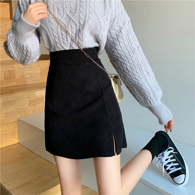 Picture of Women's Skirt 2022 Autumn and Winter New High Waist Corduroy Split Skirt Slimming Anti-running A- line Hip Skirt