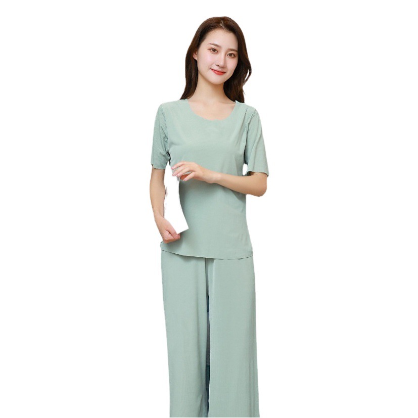 Four Seasons Ladies Short Sleeve Suit Pajamas Outer Wear Home Clothes Solid Color Cool Fashion Loose Wide Leg Pants Set Wholesale