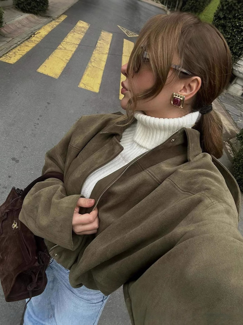 Picture of ZA foreign trade 2025 European and American style new spring women's suede texture effect bomber jacket coat