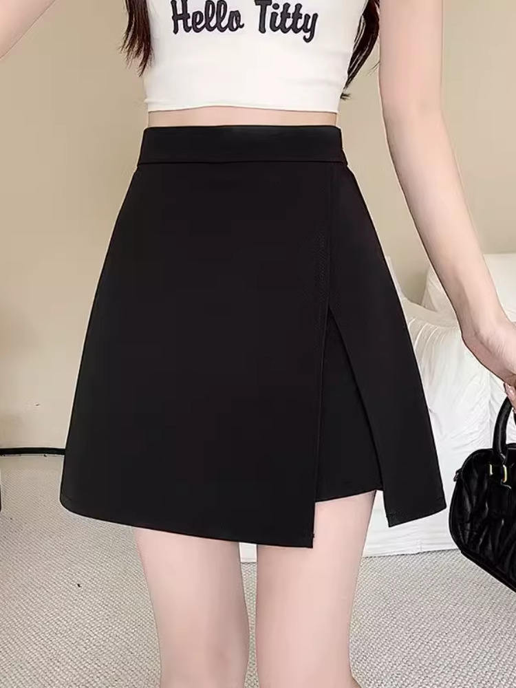 Beware Machine Split A- line Hip Skirt Women's 2024 Summer New Korean Style Anti-running Black All-match Korean Style Short Skirt