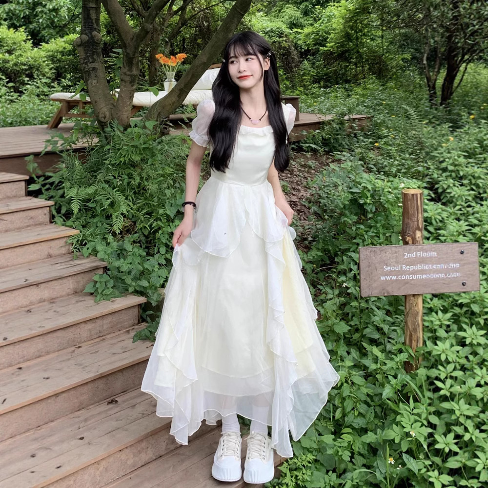 French Super Fairy Princess Ruffle Dress for Women in Summer, First Love, Pure Milk and Sweet Skirt, Light Apricot High Waist