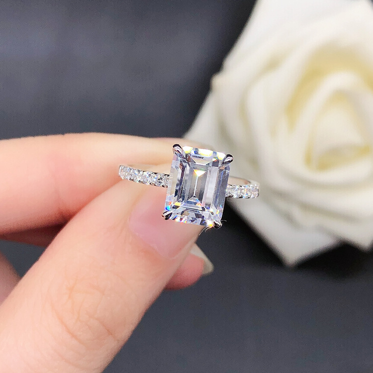 S925 Silver European and American Fashion Simple Four-Claw Special-Shaped Emerald Cut 3 Carat Diamond Ring for Women Moissanite High Carbon Diamond Wholesale