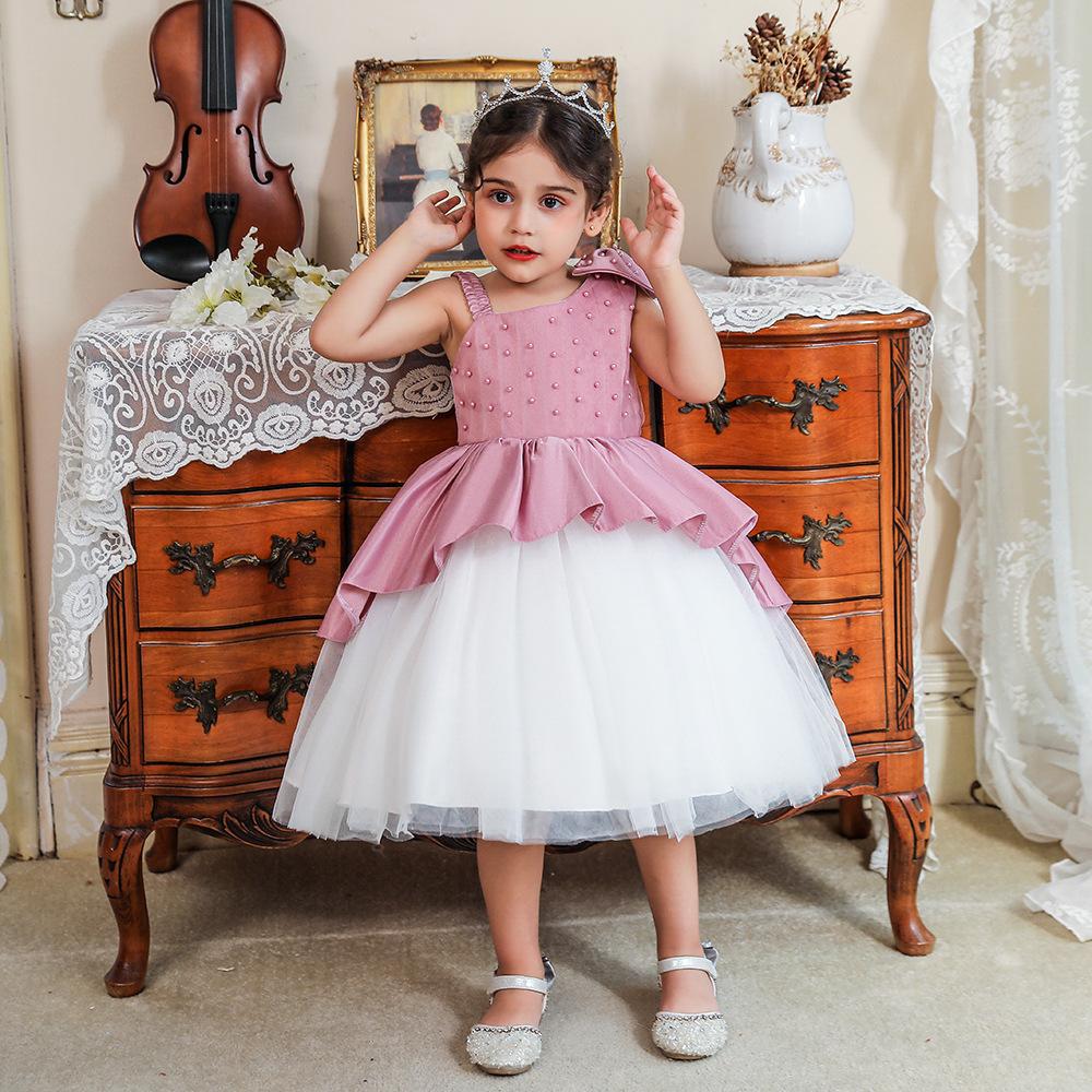 Amazon Flower Girl Dress Children's Bow Princess Dress Girls Beaded Cake Mesh Dress Little Girl Puff Sleeves