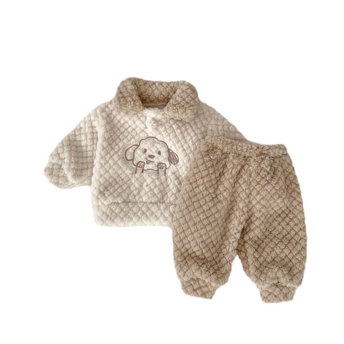 Winter baby plus velvet suit cute cartoon embroidered pullover long sleeve trousers baby thickened warm two-piece suit