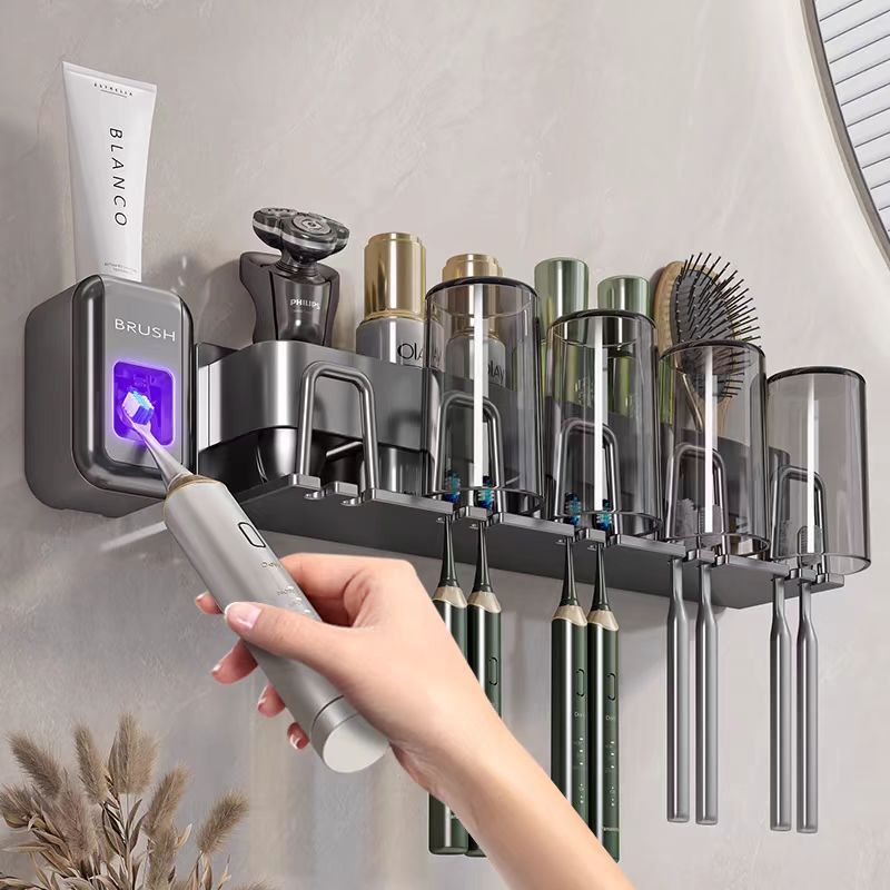 Picture of Toothbrush Storage Rack Non-Punch Brush Cup Mouthwash Cup Rack Wall-Mounted Bathroom Household Toothware Hanger