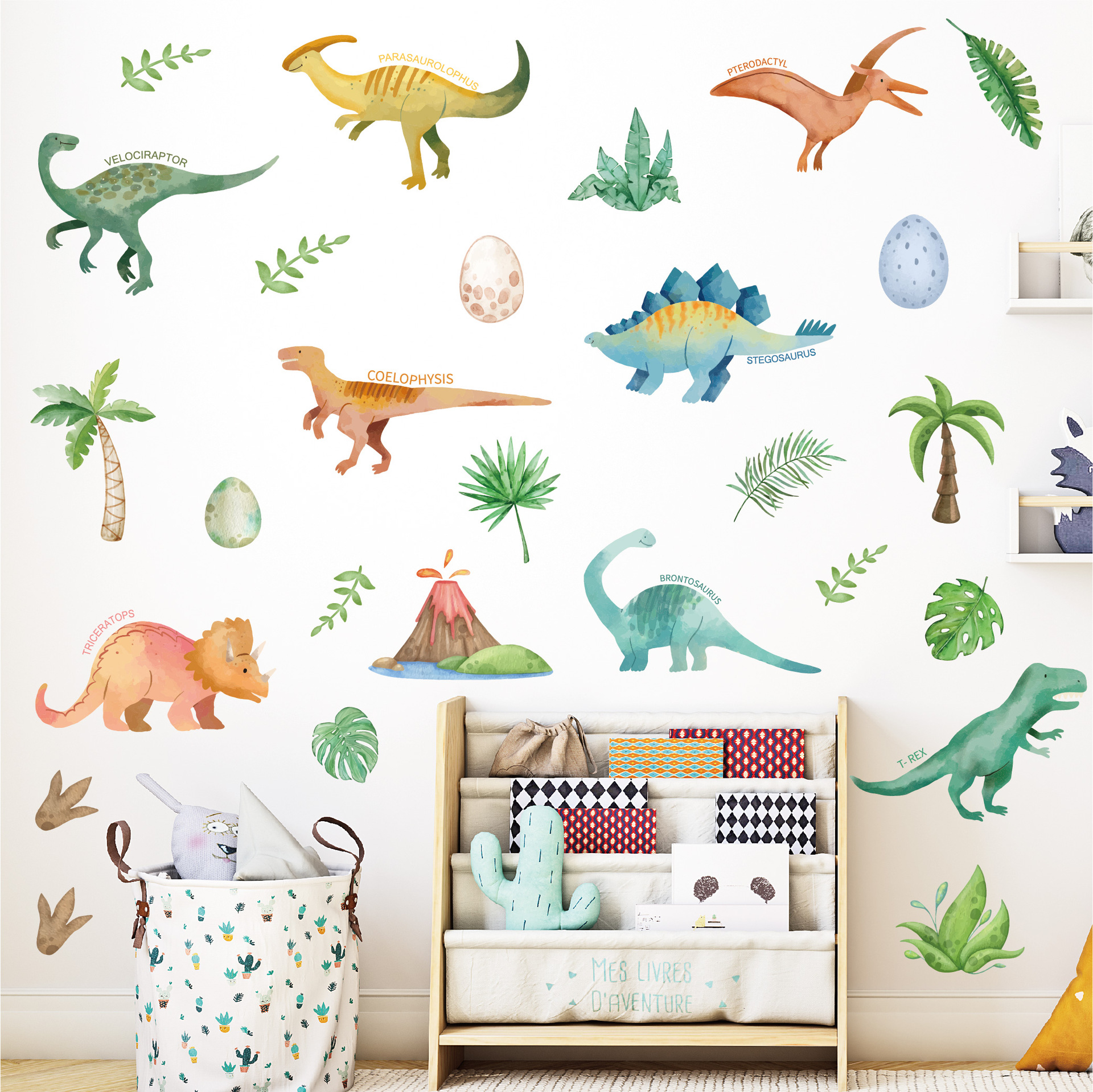 Cross Border Dinosaur Wall Stickers Forest Cartoon Watercolor Window Wardrobe Home Kindergarten Children's Room Decoration PVC Wall Sticker