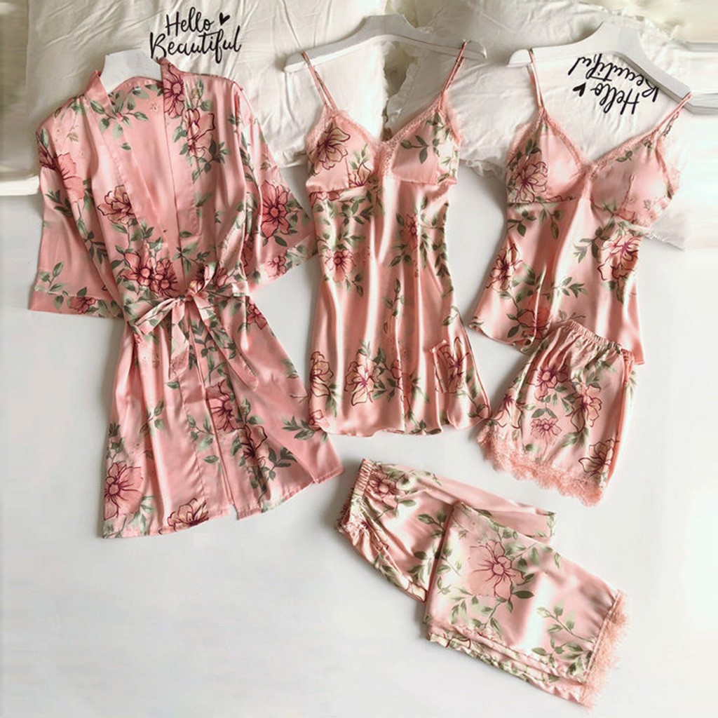 Printed pajamas women's suspender nightdress loose comfortable lace five-piece set home wear underwear nightgown bathrobe suit