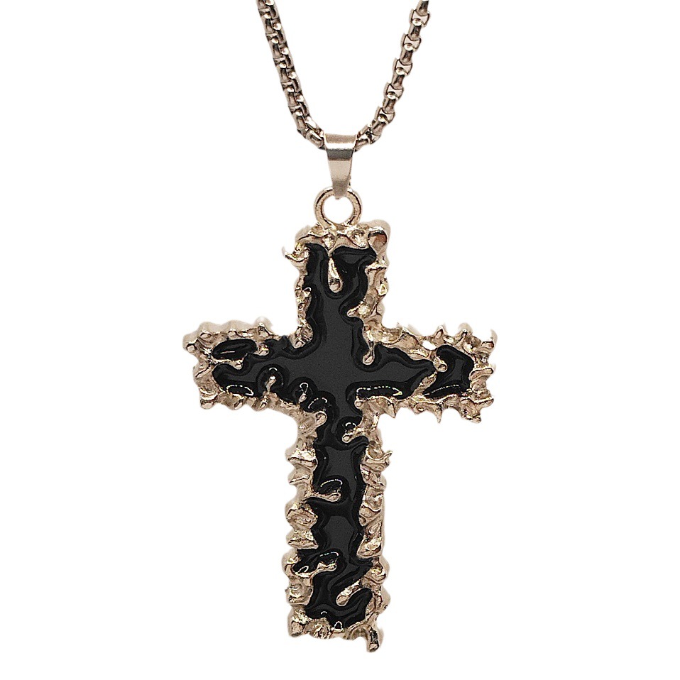 Temu European and American Gothic Cross Chain Necklace Retro Hip-Hop Unisex Versatile Oil Drip Pendant Geometric Shape