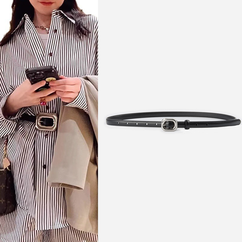 Ready Stock Belt for Women Heavy Square Buckle Genuine Leather Women's Thin Belt Versatile Suit Accessories Pin Buckle Women's Genuine Leather Belt