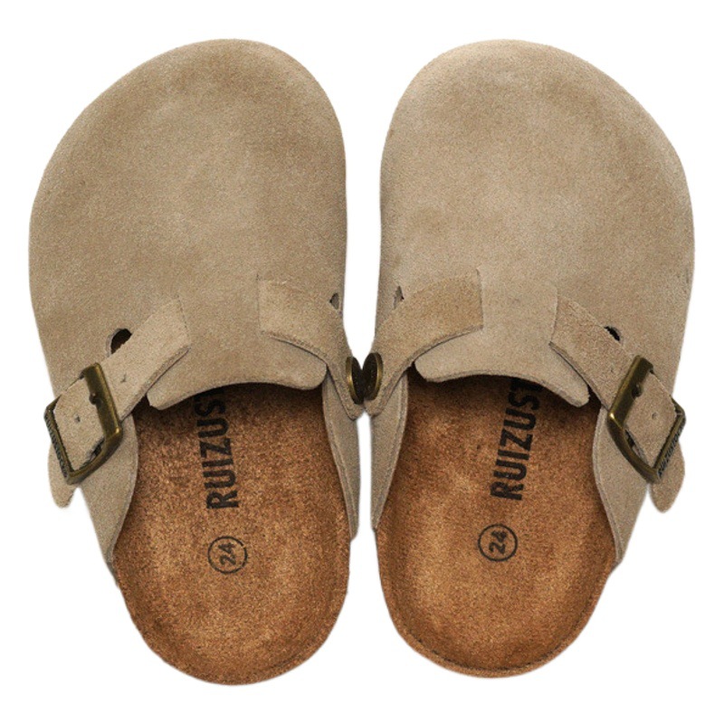 RUIZUSTOCK Ruizu Autumn and Winter Children's Cork Slippers Genuine Leather Beach Shoes for Boys and Girls Frosted Cowhide