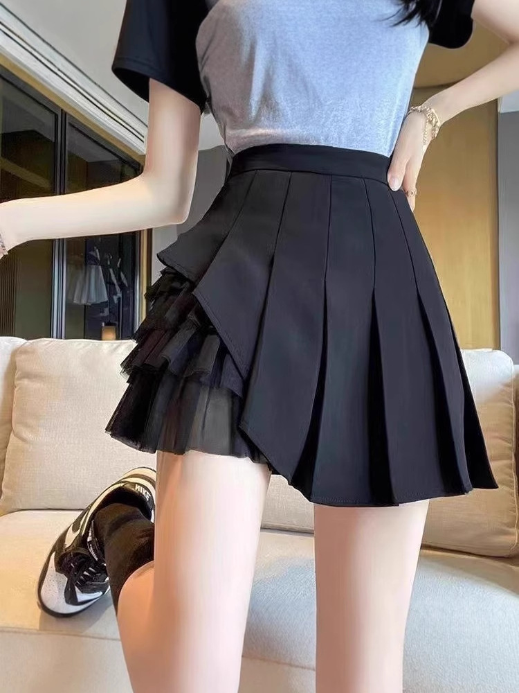 2025 Fashion Mesh Splicing Pleated Skirt Women's Design Niche High Waist Slimming Look Pure Color A-Line Skirt Ins