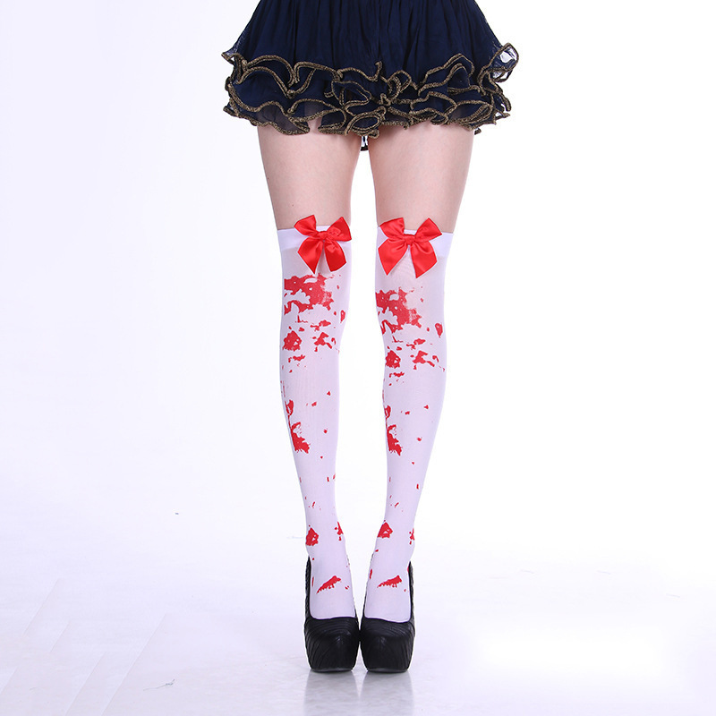 Picture of Cross Cross Cross Stockings Printing Halloween Socks Spider Web Over-the-Knee Socks Black White Lolita Stockings
