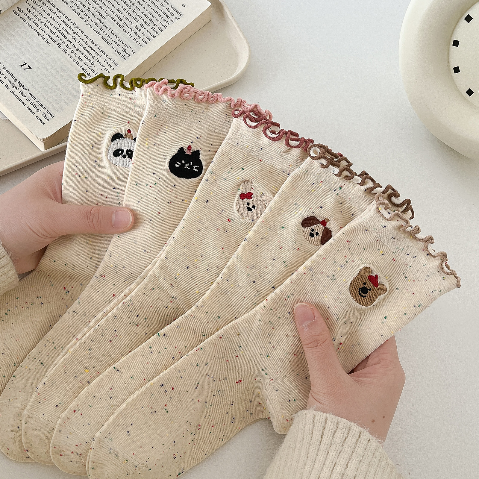 Wood-ear Cartoon Socks Children's Mid-length Socks Cute Autumn Cartoon Flocking Point Yarn Lace Moon Pile Stockings