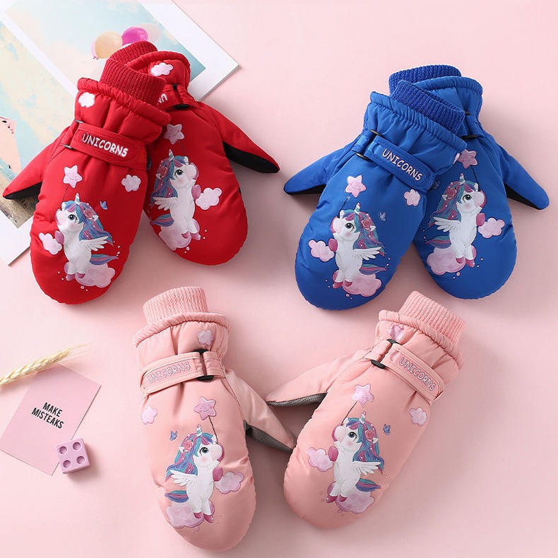 Winter Cartoon Unicorn Children's Gloves Velvet Warm Thickened Snowboard Creative Gloves for Boys and Girls