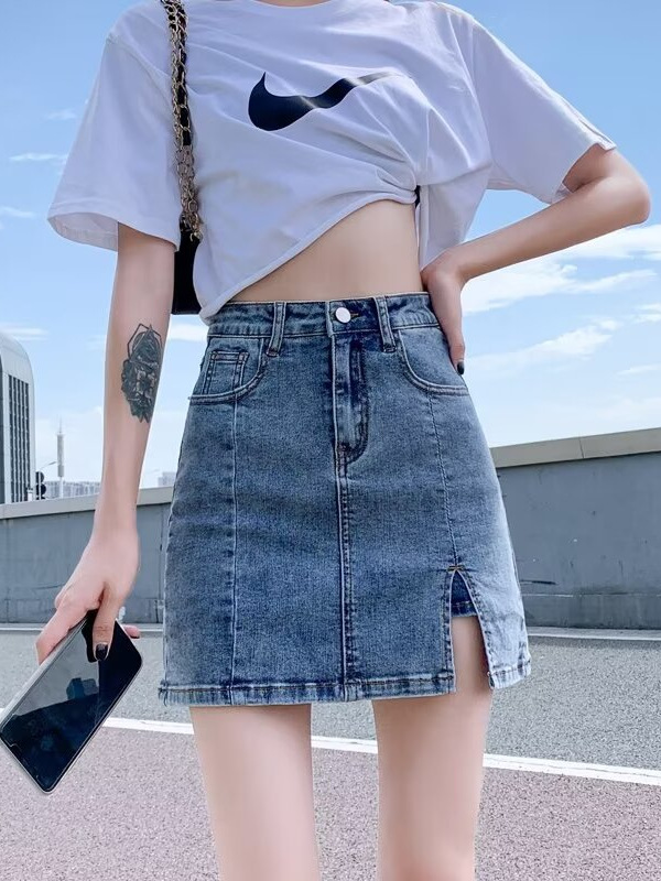 High Waist Side Slit Denim Skirt Women's Summer 2024 New Slim A- Line Hot Girl Hip Skirt Short Skirt