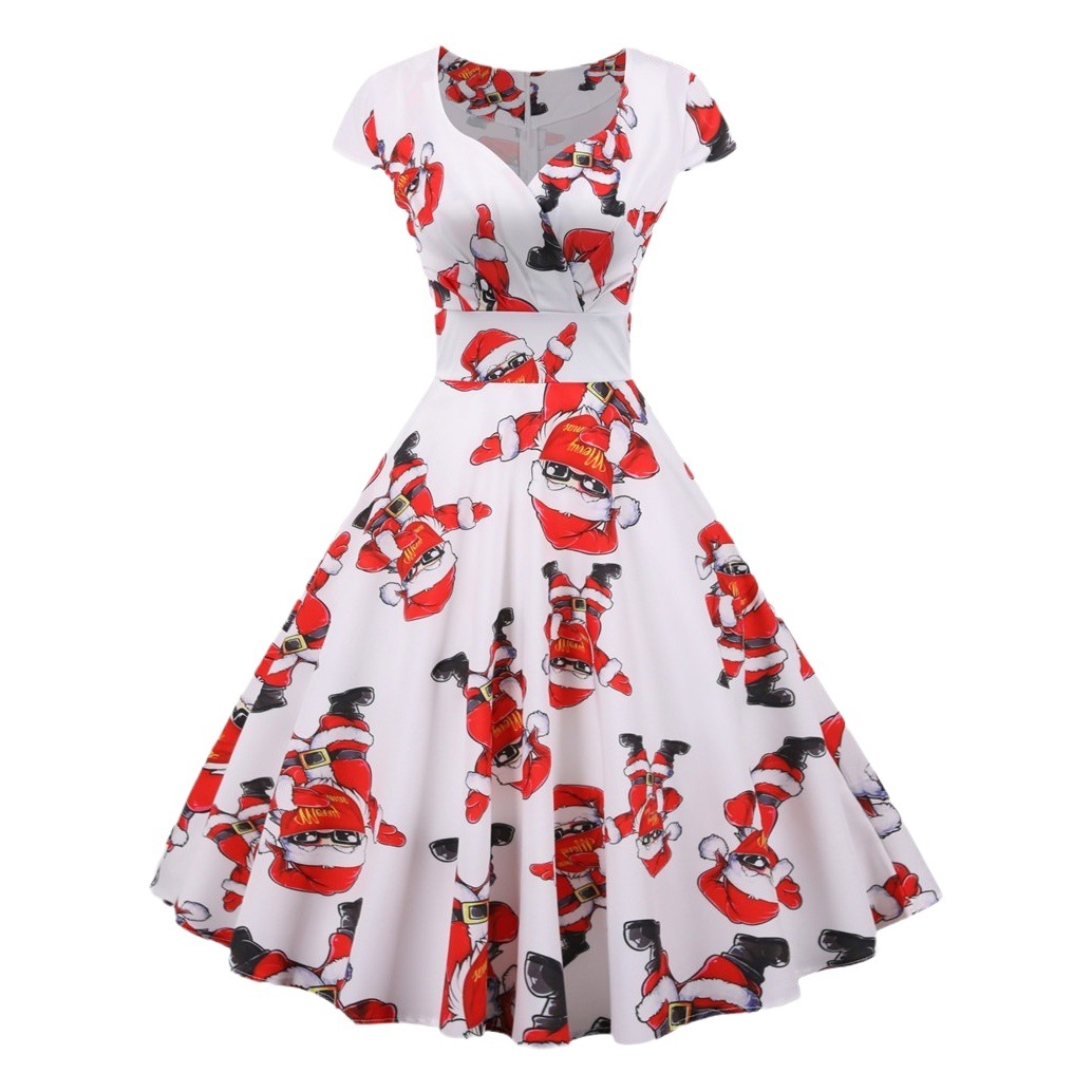 European and American New Christmas Digital Printing V-neck Fashion dress Four Seasons Fashion Fresh Sweet Long Dress