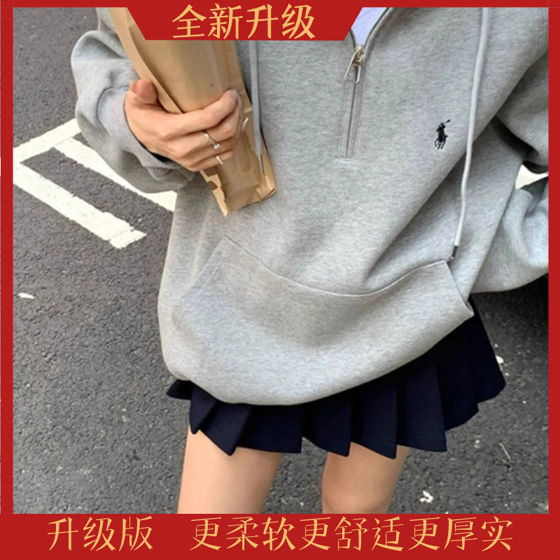 Picture of fleece-lined Thickened Grey Half Zip Embroidered Hooded Sweater Women's oversize Sports Casual Loose Profile Hoodie