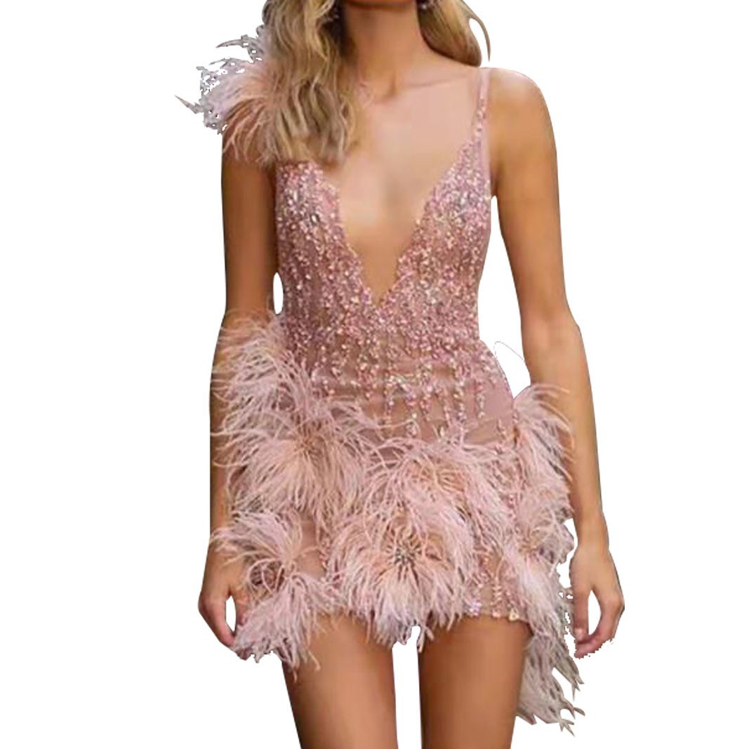 Picture of 2025 European and American Clothing Wish Export Supply Feather Suspender Skirt Deep V Neck Sexy Nightclub Party Dress