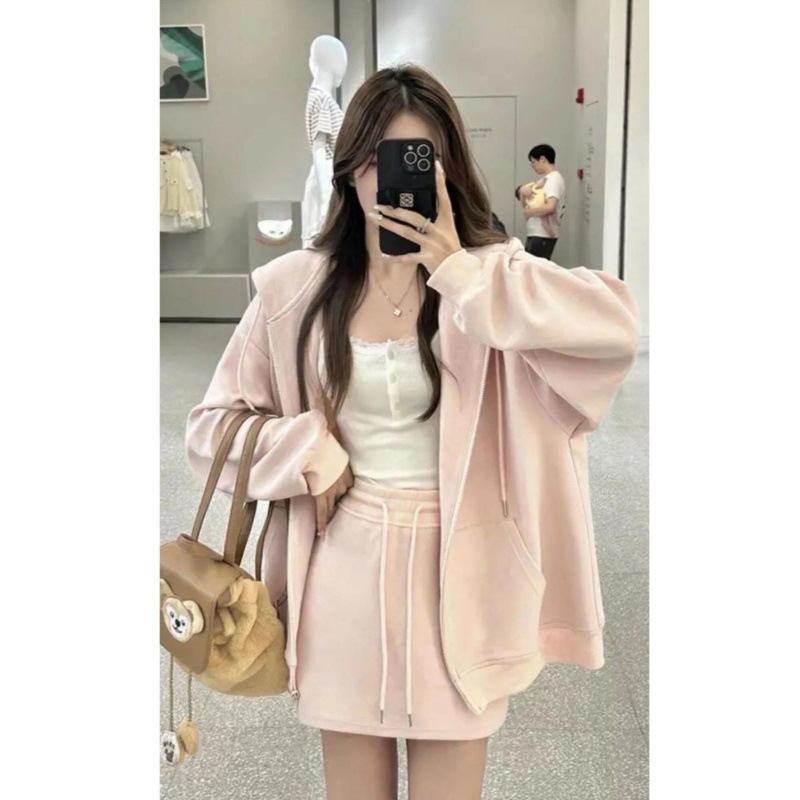 Pink Casual Sweatshirt Sports suit Women's 2024 New Women's Spring Coat Overskirt Wear Two-Piece Set for Students