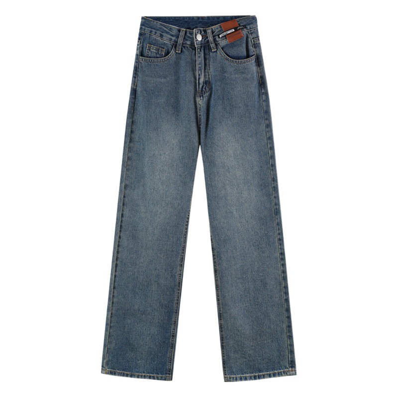 Design leather jeans women's high waist loose fleece-lined warm straight pants small thickened mop wide leg pants