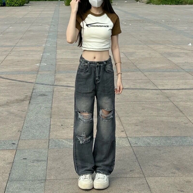 Ripped Jeans Women's Summer New High Waist Dipped Wide Leg Pants Loose Straight Design Trendy Long Pants